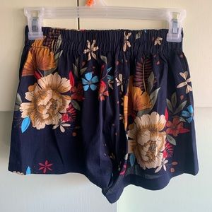 Navy Floral Elastic Waist Shorts